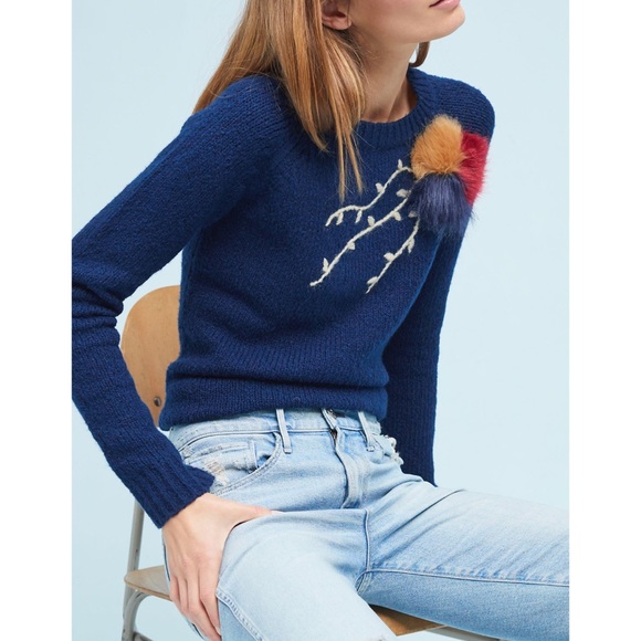 Anthropologie Sweaters - Anthropologie Navy Crewneck Sweater with Multicolor Pom Detail